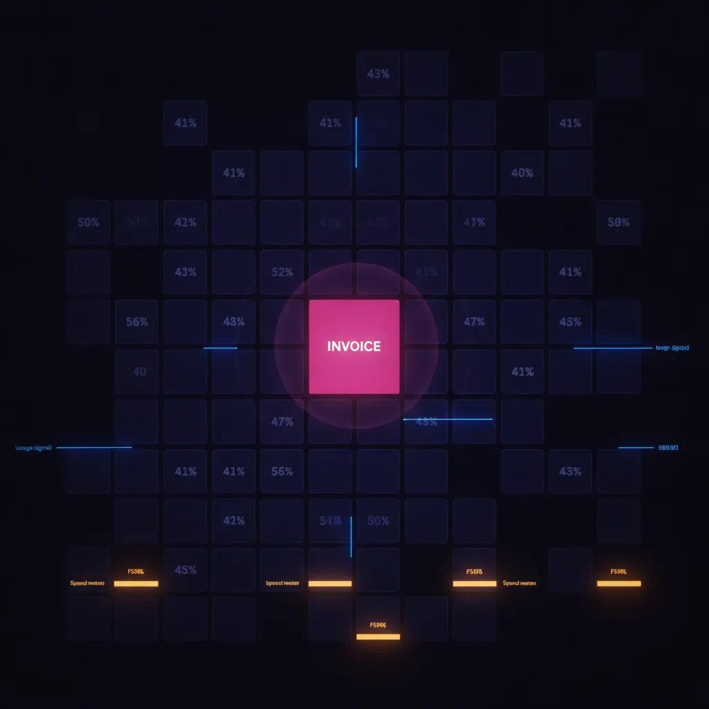 Dense grid of translucent indigo software license tiles, 41 percent faded to ghost outlines, a pink invoice tile pulsing at the center, amber spend meters along the bottom, blue usage beams stopping short of the faded tiles, dark near-black backdrop