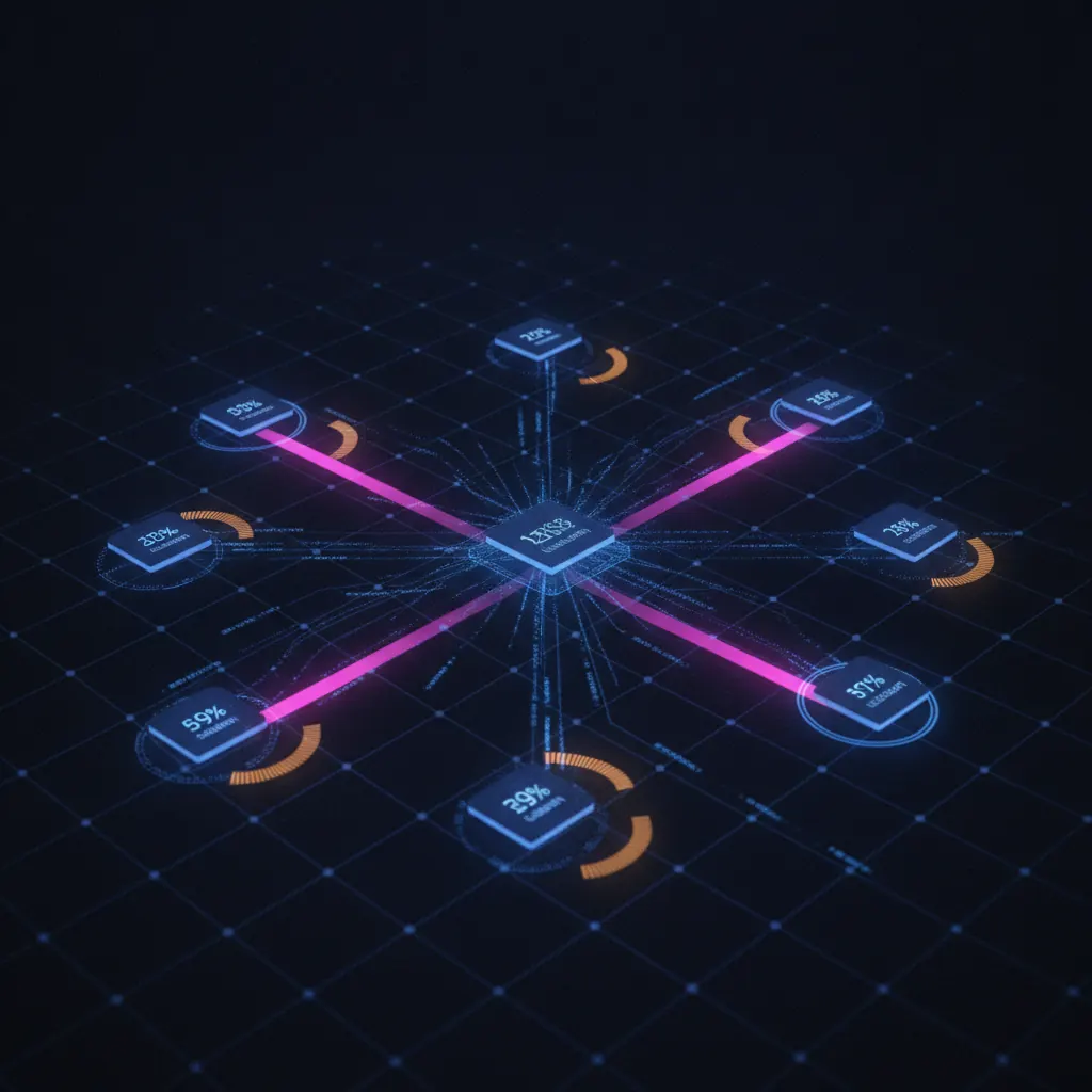 Live vendor management lattice with indigo contract nodes ranked by seat utilization, amber renewal countdown gauges, pink redundancy warning beams connecting duplicate tools, blue SSO login feeds arriving at a central procurement engine