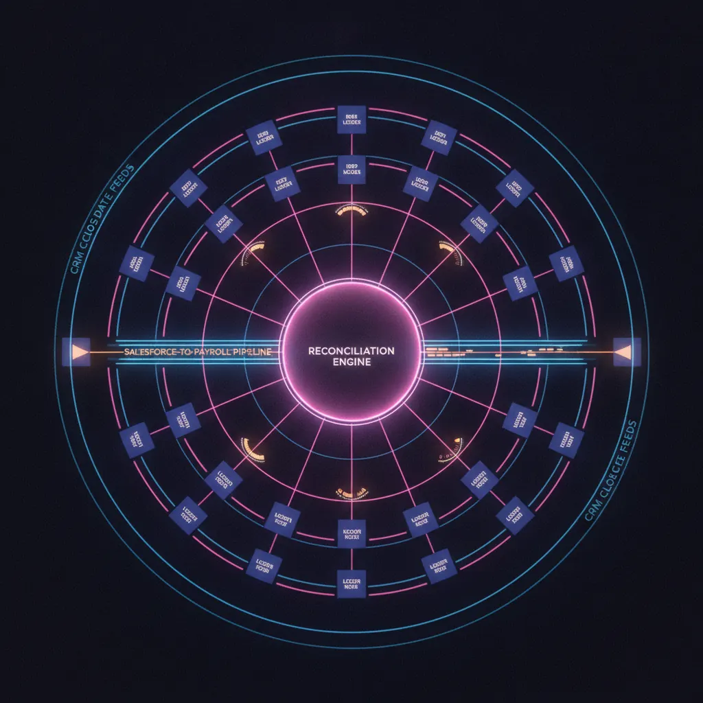 Live comp-ops lattice with indigo rep ledger nodes arranged in a radial pattern, amber dispute-flag gauges pulsing on three nodes, pink clawback-risk beams routing to a central reconciliation engine, blue CRM close-date feeds arriving from the outer ring