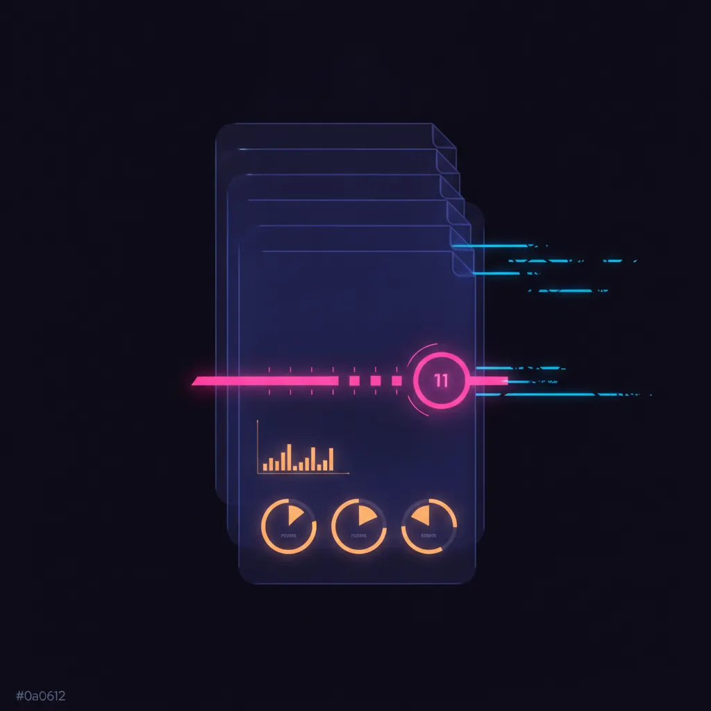 Vertical stack of translucent indigo investor update sections, four panels ghosted out, three amber metric gauges pulsing on the second panel, a pink calendar ribbon threaded across the panels with a highlighted day-11 marker, blue data feed beams arriving late from the right edge, dark near-black backdrop