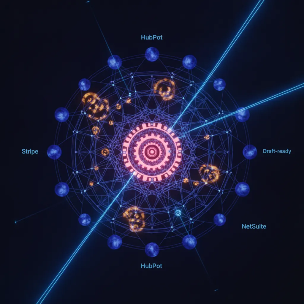 Radial lattice with a central pink narrative-assembly engine, indigo metric ledger nodes orbiting on the outer ring, amber commentary bubbles pulsing between nodes, blue data-source feeds arriving from Stripe, HubSpot, NetSuite directions as light beams, thin lines connecting a draft-ready timestamp marker