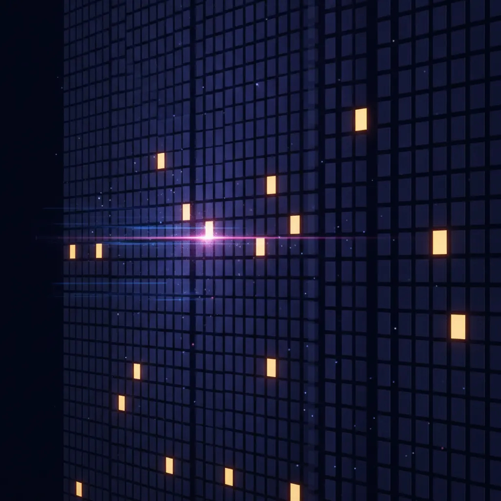 Vertical wall of translucent indigo feature-request tiles stacked in dense columns, a narrow amber triage slice glowing, blue customer-signal beams arriving from the left, most tiles ghosted out, dark near-black backdrop