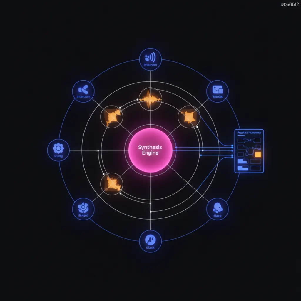 Radial routing lattice with indigo customer-signal nodes on the outer ring representing Intercom, Gong, Zendesk, Slack, amber theme-cluster gauges pulsing between the ring and a central pink synthesis engine, blue insight beams routing to a highlighted product roadmap panel