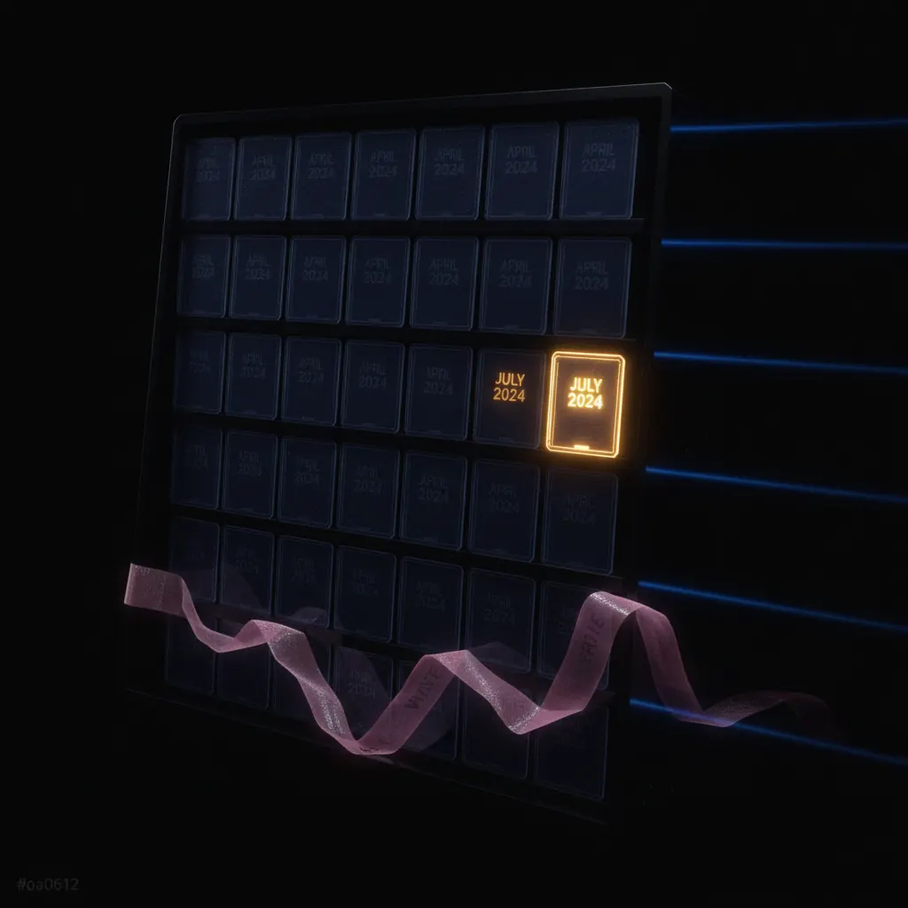Dense grid of translucent indigo battle-card panels stacked in a shelf, most ghosted with an April date stamp, one amber panel glowing fresher, blue competitor-release beams streaming past unrecorded, a pink win-rate ribbon drooping across the bottom, dark near-black backdrop