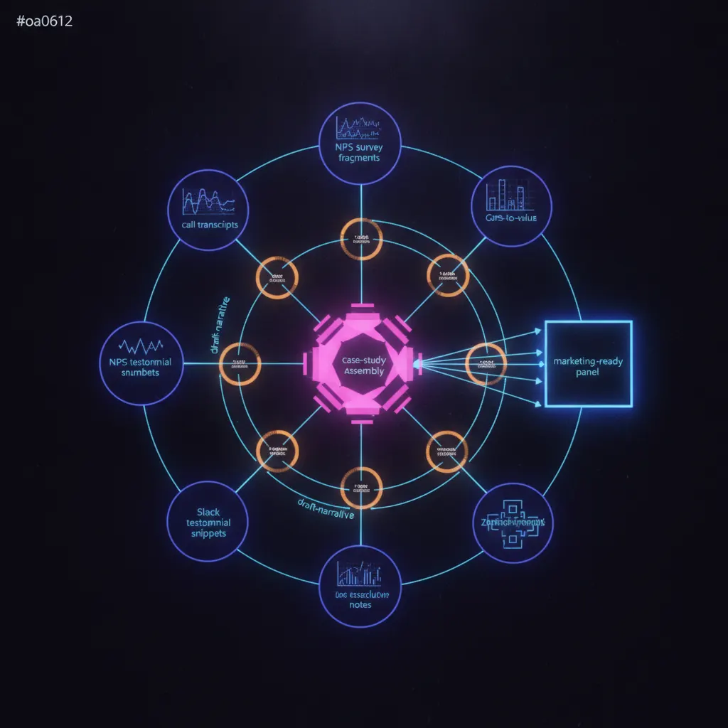 Radial synthesis lattice with a central pink case-study assembly engine, indigo source nodes on the outer ring for Gong call transcripts, NPS survey fragments, Slack testimonial snippets, Zendesk resolution notes, amber metric gauges pulsing along the spokes showing time-to-value and ARR-expansion numbers, blue draft-narrative beams routing outward to a highlighted marketing-ready panel, dark near-black backdrop