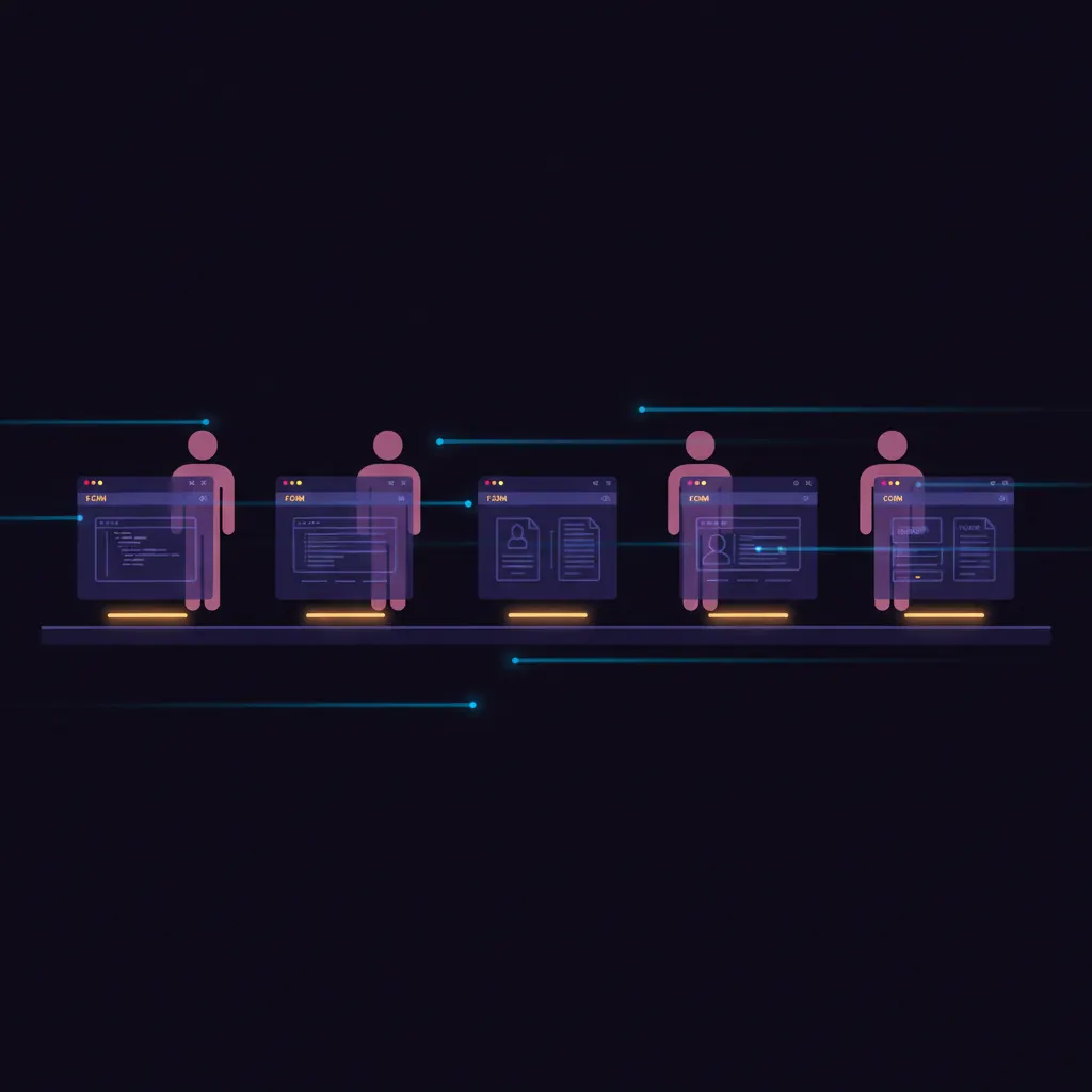 Shelf of translucent indigo copilot panels each holding an amber assistant glow beside an empty workflow seat, faint pink employee-shaped outlines standing in the gaps between the shelves, blue signal beams running past without landing in any outline, dark near-black backdrop