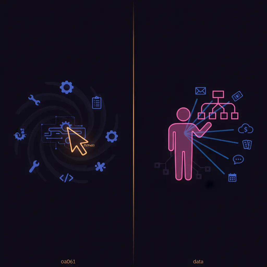 Split composition: on the left, indigo tool icons orbiting a single amber cursor accent as a copilot bolted onto a workflow, on the right, a pink employee-shaped silhouette holding an org-chart branch with blue signal beams flowing in from external systems and out to downstream destinations, dark near-black backdrop