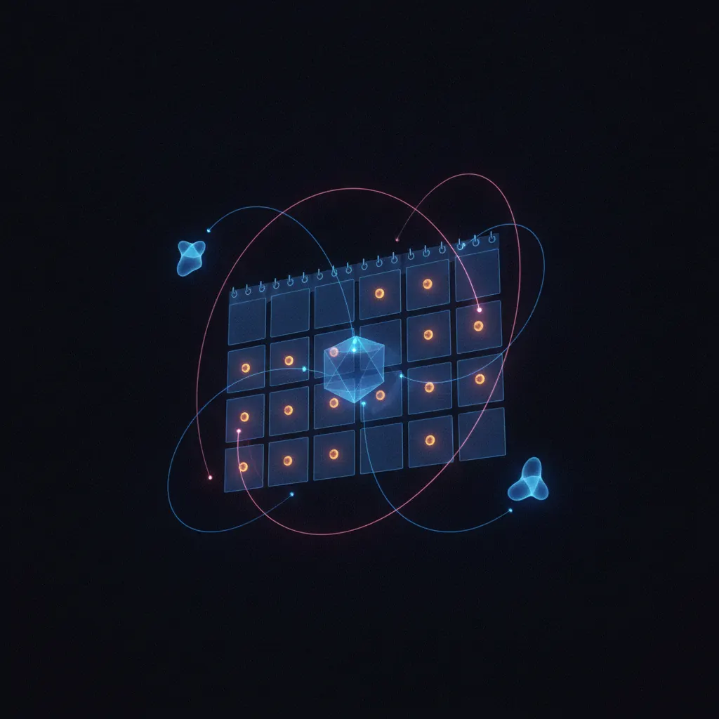 Translucent indigo 14-day calendar grid tilted in space with amber milestone markers, pink scoping arcs, and blue dependency beams tracing between workflow nodes on a dark backdrop