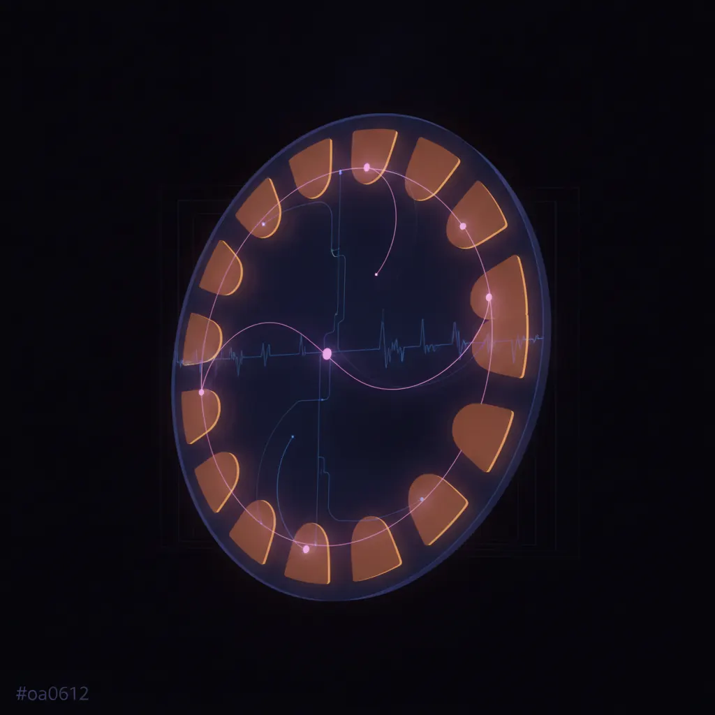 Translucent indigo clock dial floating in space with eleven amber hour segments, pink arcs looping between them tracing context switches, thin blue signal beams threading across the dial on a dark backdrop