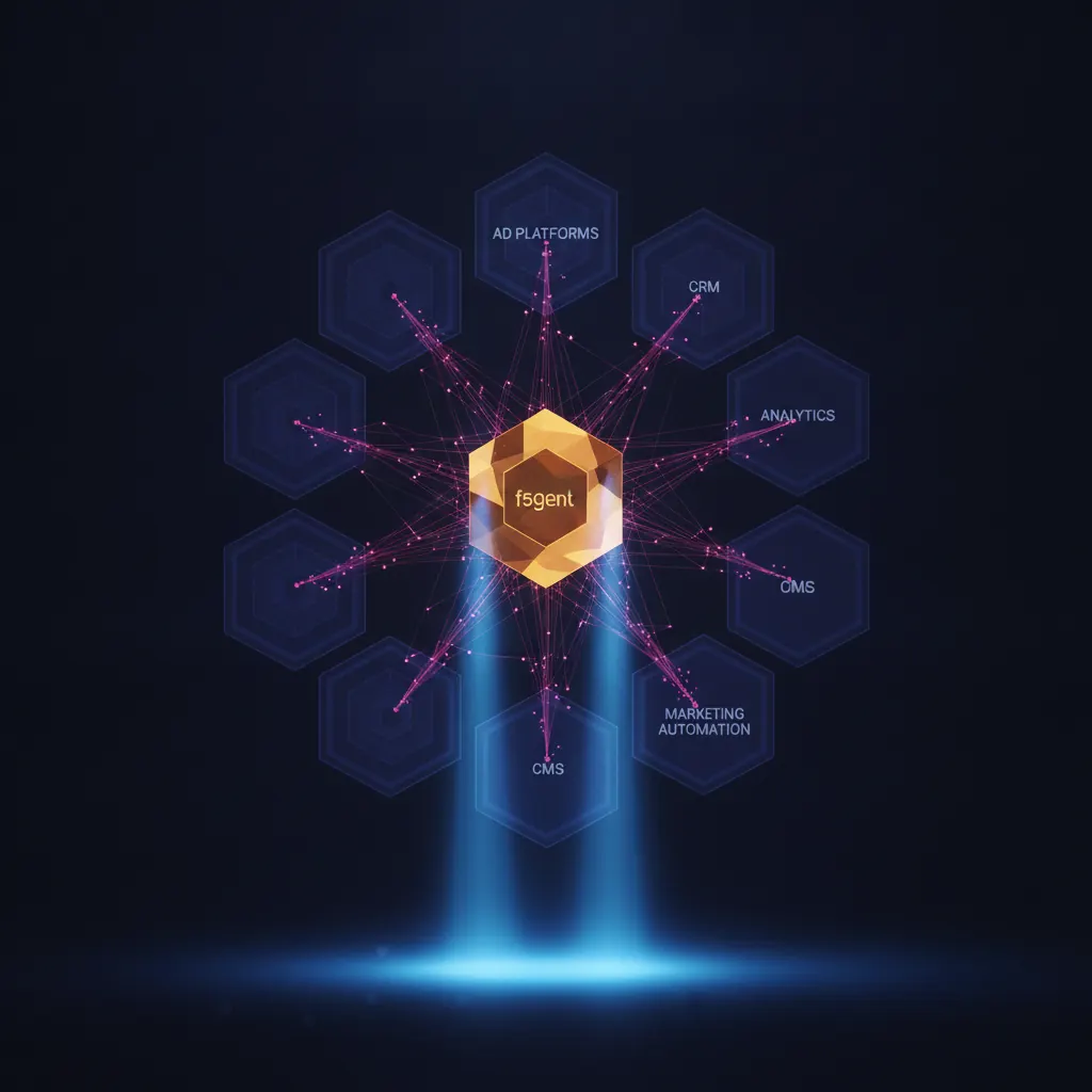 Amber hexagonal agent node in the center with twelve indigo marketing system panels arranged around it, pink data threads flowing inward from every panel and blue output beams flowing out to a single glowing surface on a dark backdrop