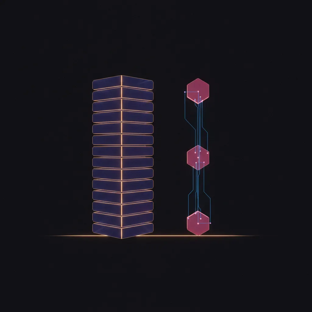 Two translucent columns rising side by side on a dark backdrop, the left built from twelve stacked indigo blocks glowing with amber edge light, the right built from three thin pink hexagonal agent nodes connected by blue data threads across an amber ledger baseline