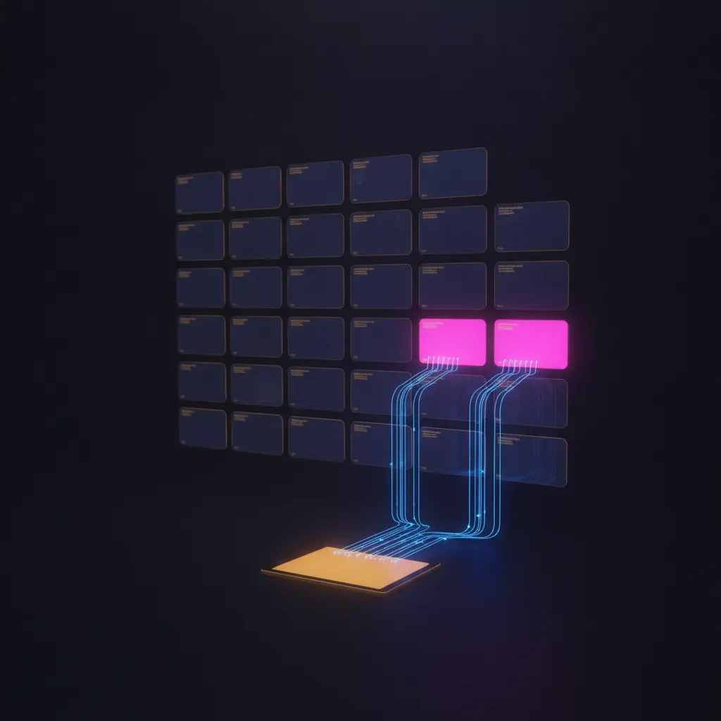 Forty-seven translucent indigo dashboard panels stacked in three staggered rows fading into dust on a dark backdrop, two front panels glowing bright pink with blue data threads flowing into a single luminous amber report tablet