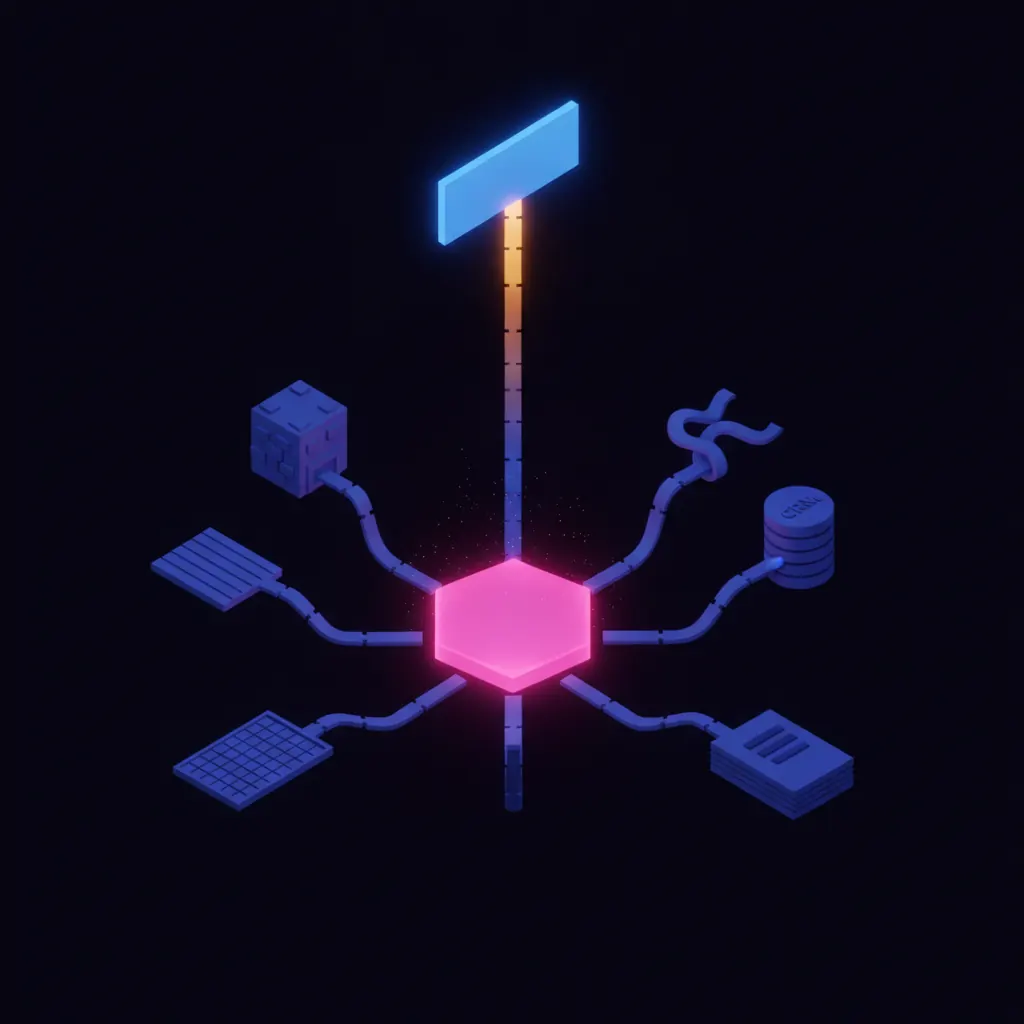 Translucent pink hexagonal agent node ringed by five indigo data pipes converging from stacked source blocks, an amber narrative arc rising into a glowing blue briefing panel on a dark backdrop
