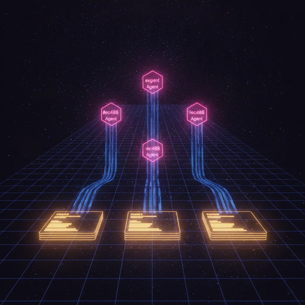 Translucent indigo ledger grid receding into deep space with three luminous pink hexagonal agent nodes hovering in triangle formation above, blue data ribbons flowing into stacked amber financial statement panels at the base