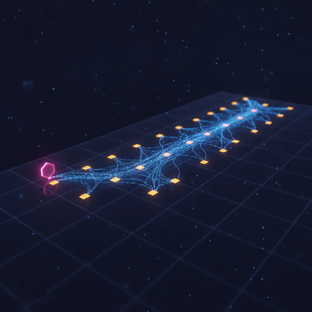 Translucent indigo calendar grid stretching horizontally with 90 amber day cells glowing along its surface, a single pink hexagonal agent node anchored at day one emitting blue branching data threads that multiply across day 30, 60, and 90 into a dense blue and amber weave