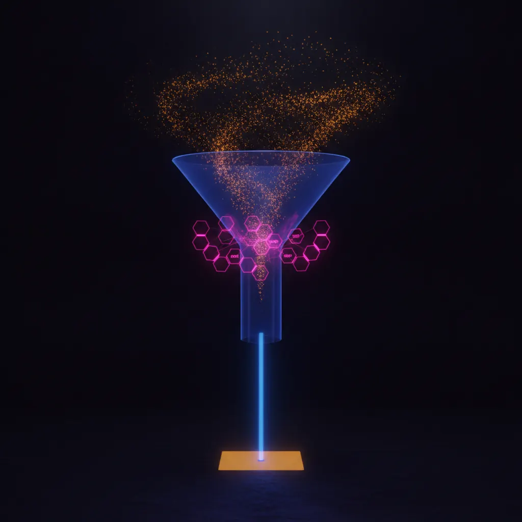 Translucent indigo funnel structure descending vertically, wide cloud of amber scanned-badge dots pouring in at the top, pink hexagonal agent nodes filtering midway, narrow beam of blue light emerging into a single glowing amber meeting-slot panel at the base