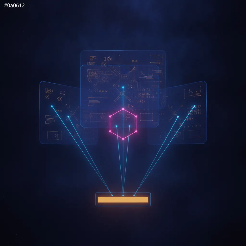 Three translucent indigo resume-panel screens stacked in perspective, amber skill-tag glyphs on each, a pink hexagonal agent node routing candidates via blue light beams into a single glowing amber interview slot panel