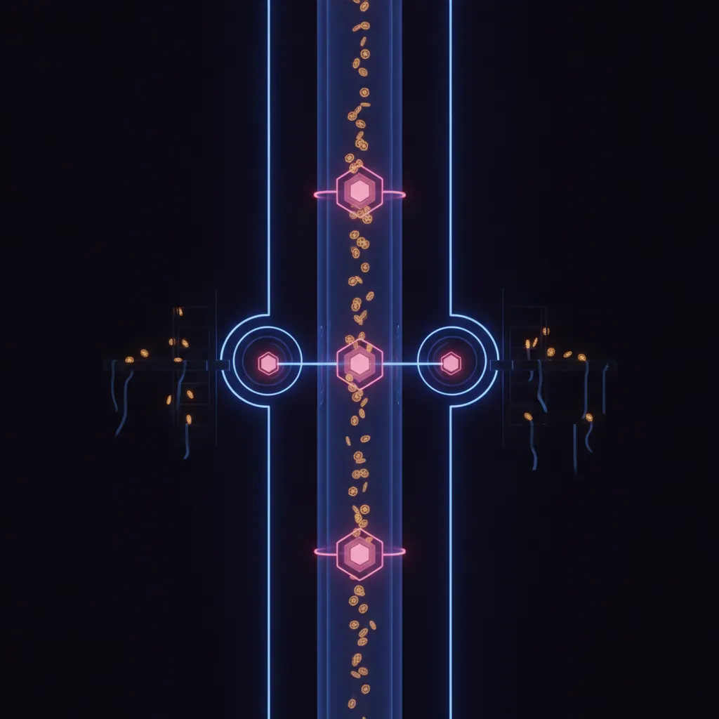 Translucent indigo pipeline column running vertically with luminous amber deal tokens flowing upward through three pink hexagonal handoff nodes, blue signal beams connecting side-mounted partner rings into the main column, dim amber tokens on abandoned side racks trailing faint blue delay ribbons