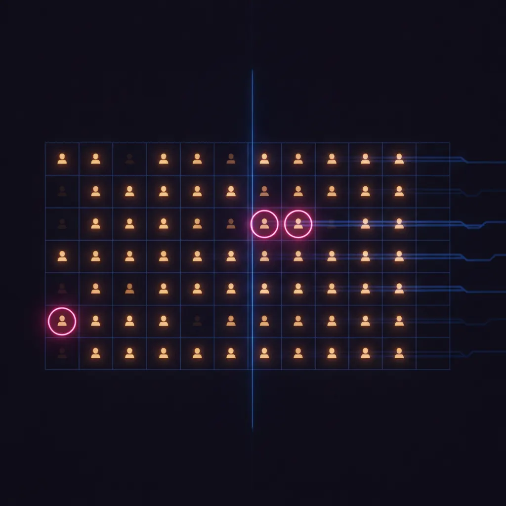Indigo grid of 84 amber account tokens in a wide renewal calendar, only two ringed with luminous pink playbook halos, the rest dim with faint blue delay ribbons trailing off the edge