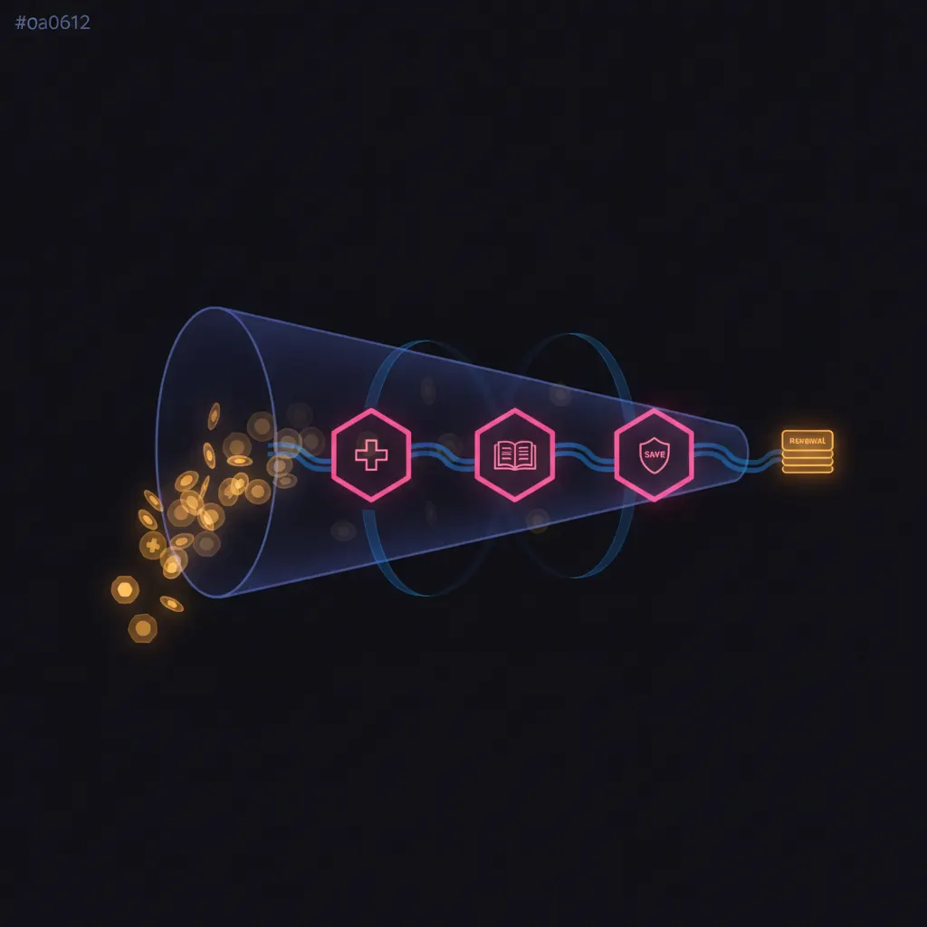 Indigo funnel narrowing left to right with amber account tokens entering wide, passing through three pink hexagonal agent gates for health, brief, and save, blue signal ribbons feeding a compact stack of amber renewal panels at the narrow end, dim tokens falling off the sides mid-funnel