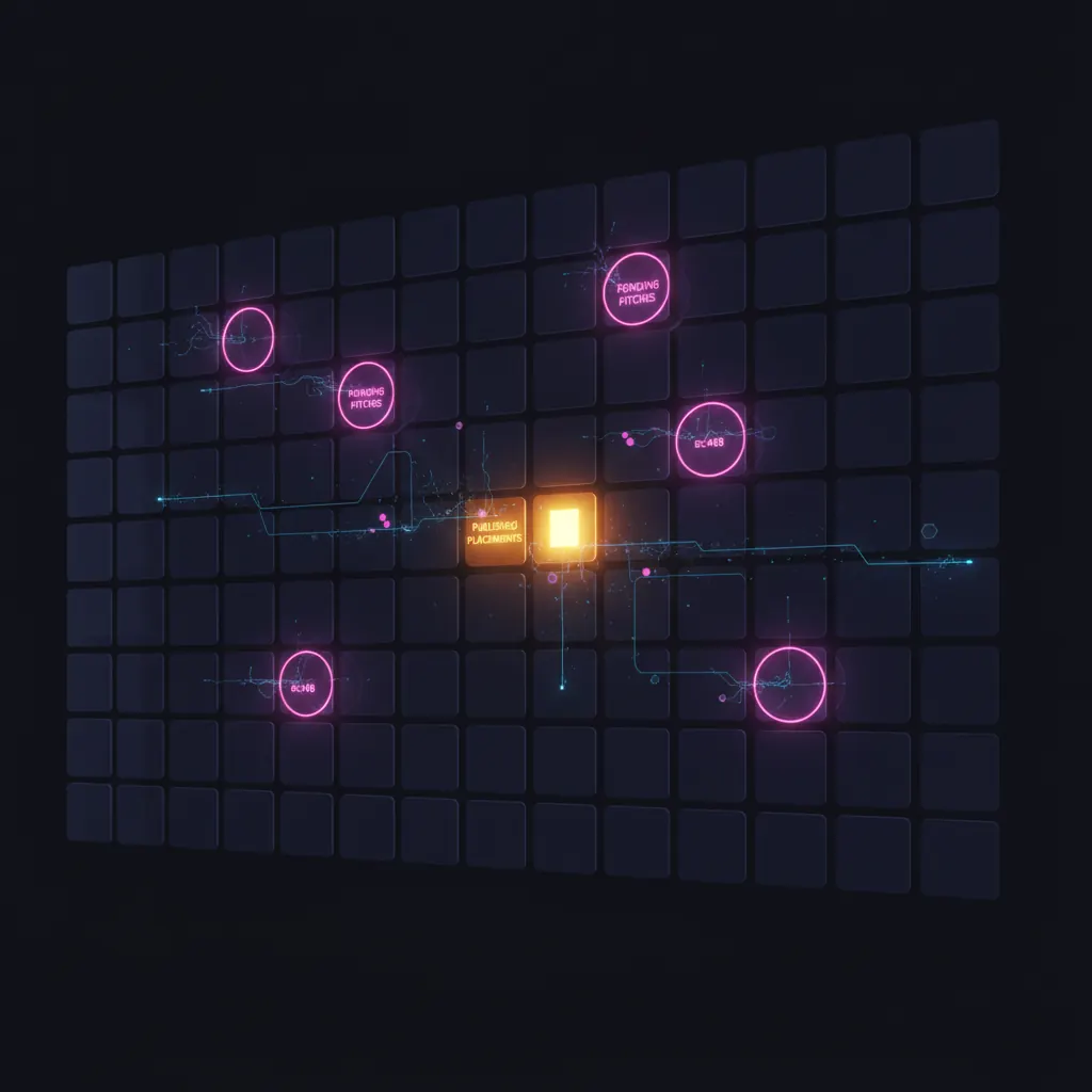 Wall of 84 indigo reporter tiles on a dark backdrop, two glowing amber and six ringed with faint pink halos, thin blue signal threads drifting off toward the edge