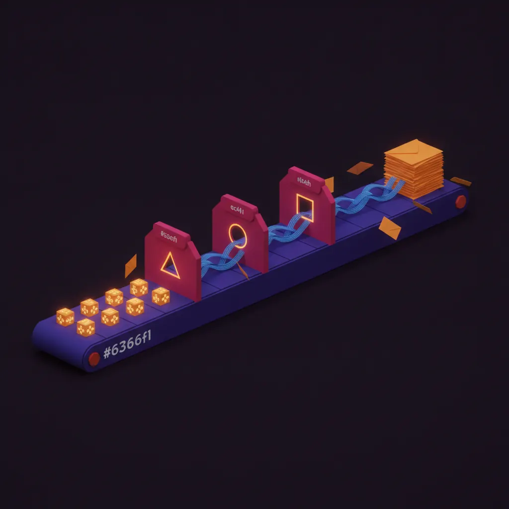 Indigo conveyor of amber release cubes feeding three pink hexagonal agent gates for scoring, mining, and drafting, blue data ribbons braiding into a compact stack of amber pitch envelopes at the far end