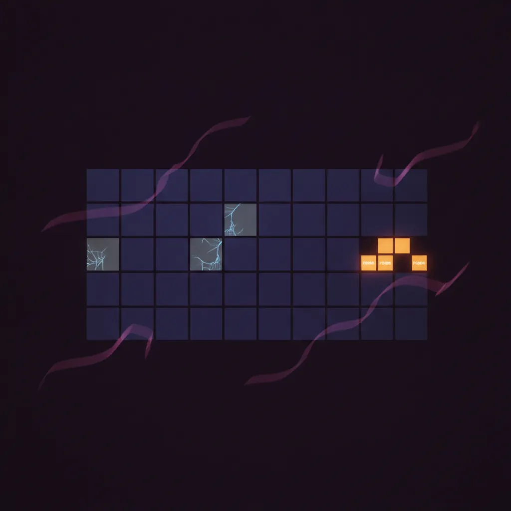 Dark 47-cell indigo calendar grid from countersign to go-live with three cells dimmed to gray for churned accounts and a small amber cluster near the end for the few that shipped