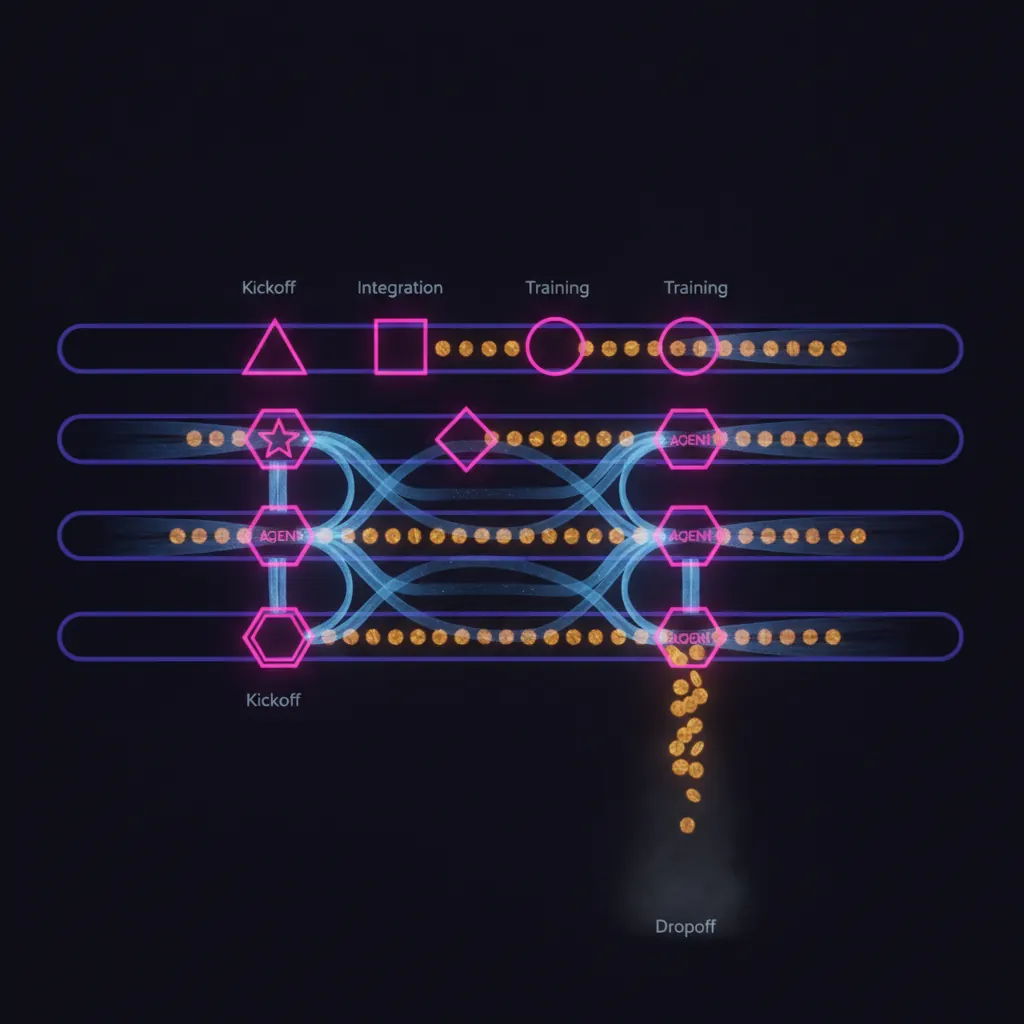 Three horizontal indigo pipeline lanes for kickoff, integration, and training with amber tokens passing through pink agent gates and a cluster of tokens falling off the middle lane