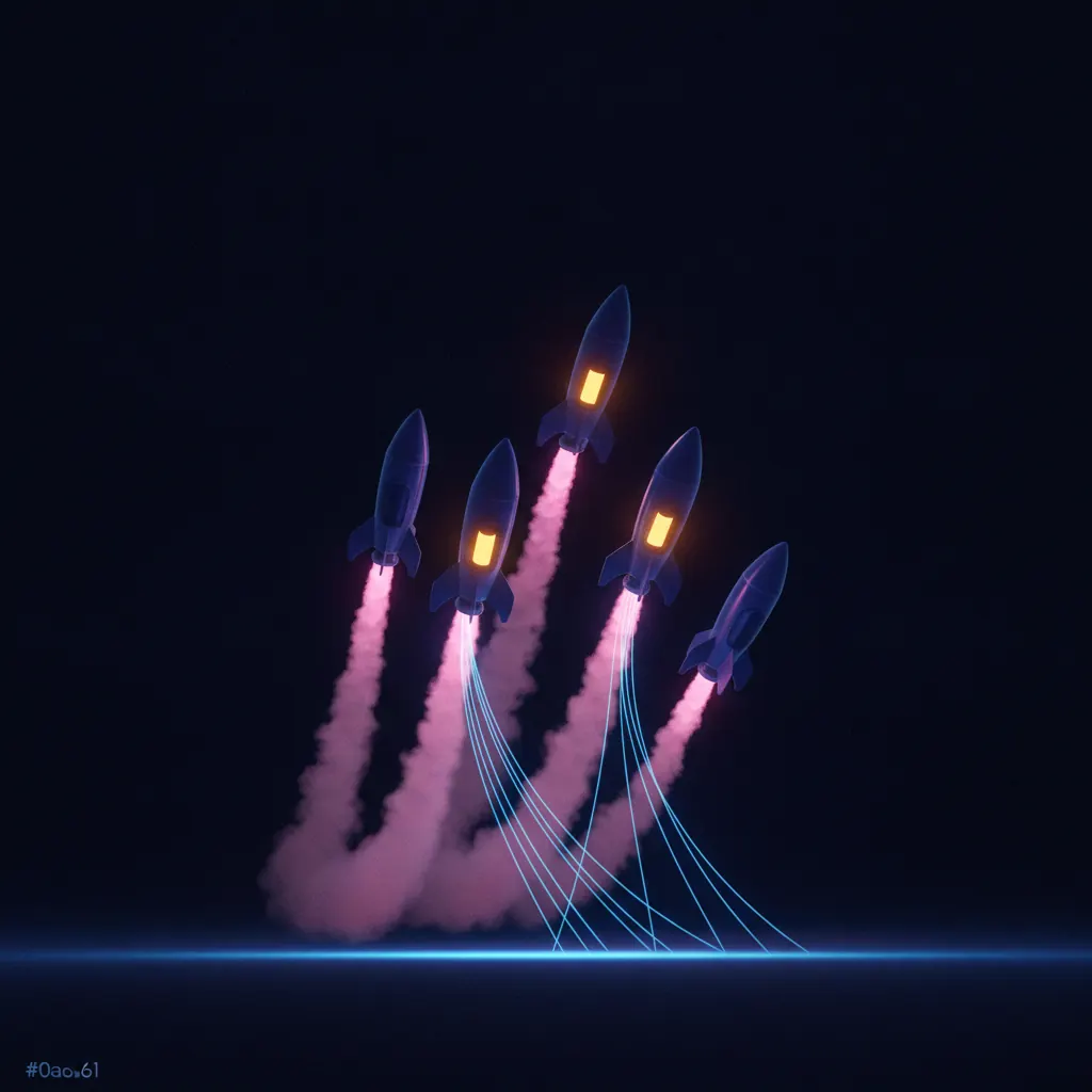 Four translucent indigo launch capsules ascending in staggered formation on a dark backdrop, two glowing amber with pink contrails and two dim and drifting sideways, thin blue signal threads radiating toward the horizon plane below