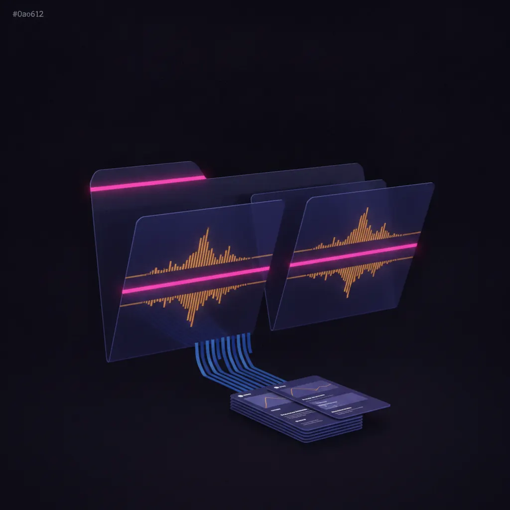 Translucent indigo enablement folder unfolding into layered panels on a dark backdrop, amber call-snippet waveforms threading between the panels, pink highlight bands marking two-line deltas, blue data ribbons routing from the panels into stacked pricing-page cards at the lower edge