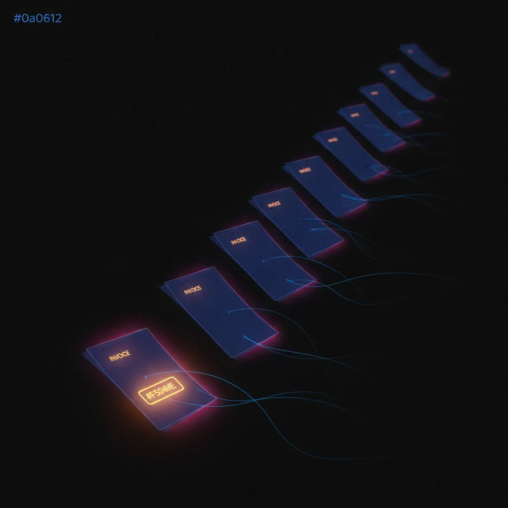 Wall of translucent indigo invoice stacks receding into an aging ladder on a dark backdrop, foreground stacks glowing amber with pink overdue halos, thin blue payment threads drifting between and tapering out unresolved