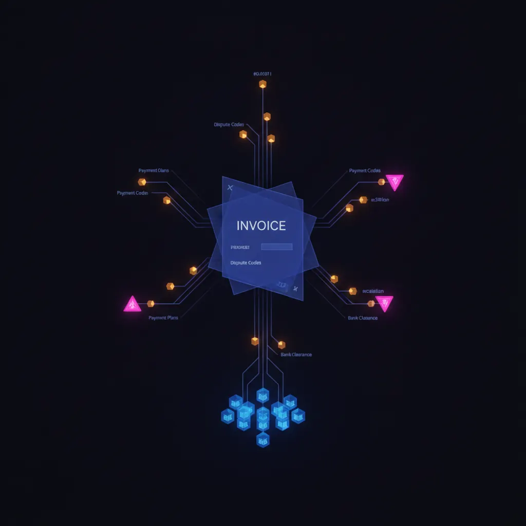 Translucent indigo invoice pane splitting into dispute-code bands and payment-plan branches on a dark backdrop, amber tokens routing along the branches toward blue bank-clearance nodes, pink escalation flags marking two mid-flow terminations