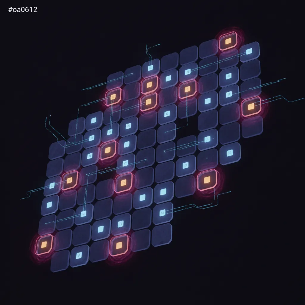 Grid of 47 translucent indigo control tiles arranged in a compliance matrix on a dark backdrop, 14 tiles glowing amber with pink overdue halos pulsing at the edges, thin blue evidence threads drifting between tiles and tapering unresolved