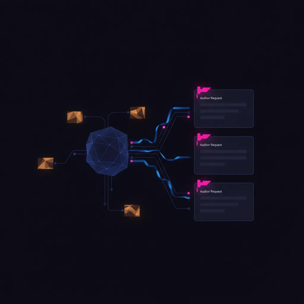 Translucent indigo evidence collector node on a dark backdrop, routing streams of amber screenshot tokens and blue log-export ribbons into a stacked auditor-request queue on the right edge, pink flag markers hovering above three request cards