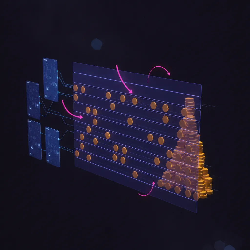 Translucent indigo prioritization matrix on a dark backdrop, amber-lit request tokens routed along scoring lanes into a stacked build queue, blue signal threads feeding in from CRM and Gong panels on the left, pink exec-override arrows deflecting two tokens off the main track