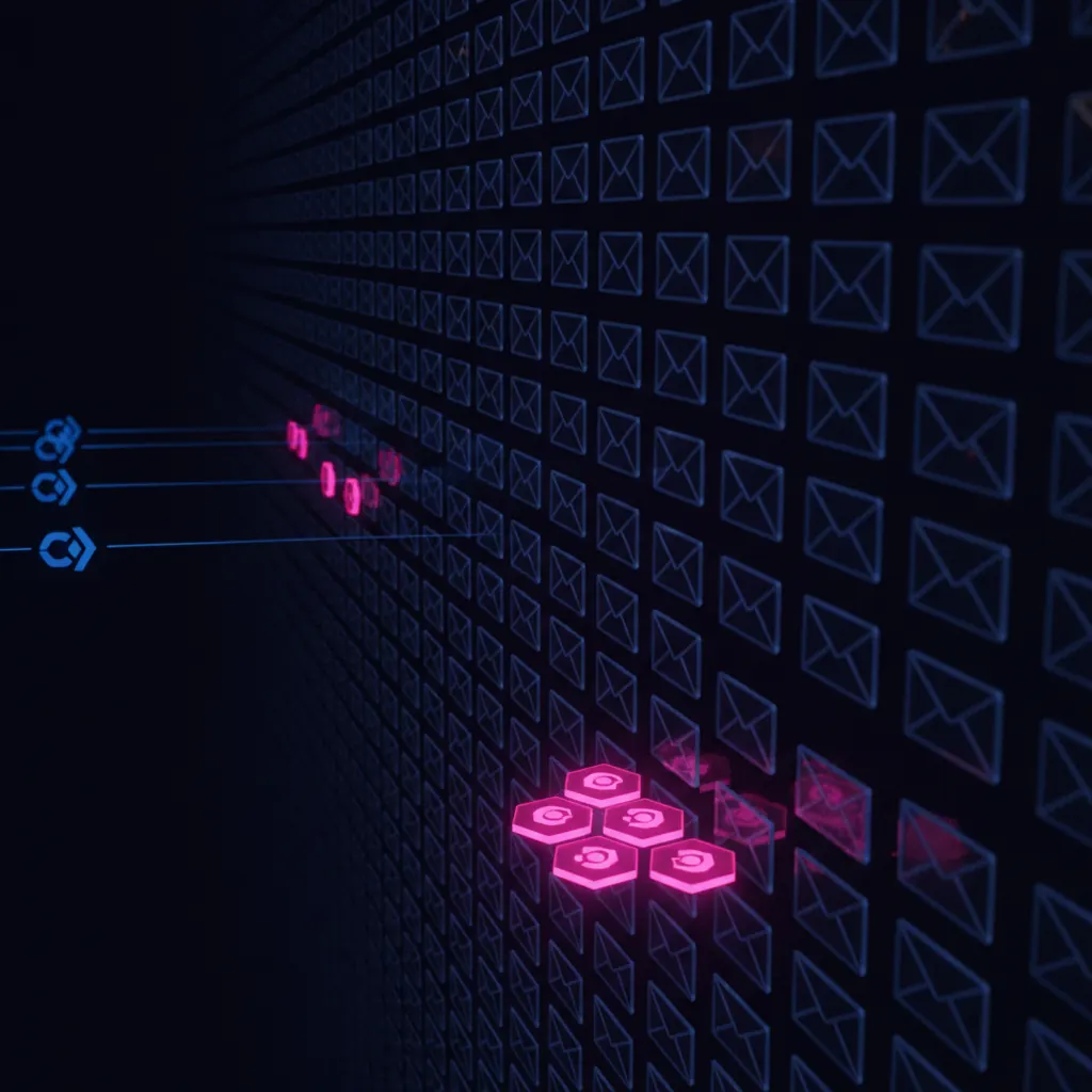 Vast wall of translucent indigo email envelopes receding into deep space with a tiny cluster of pink hexagonal meeting tokens glowing in the foreground, blue signal threads drifting in from CRM logos and tapering unresolved into the envelope mass