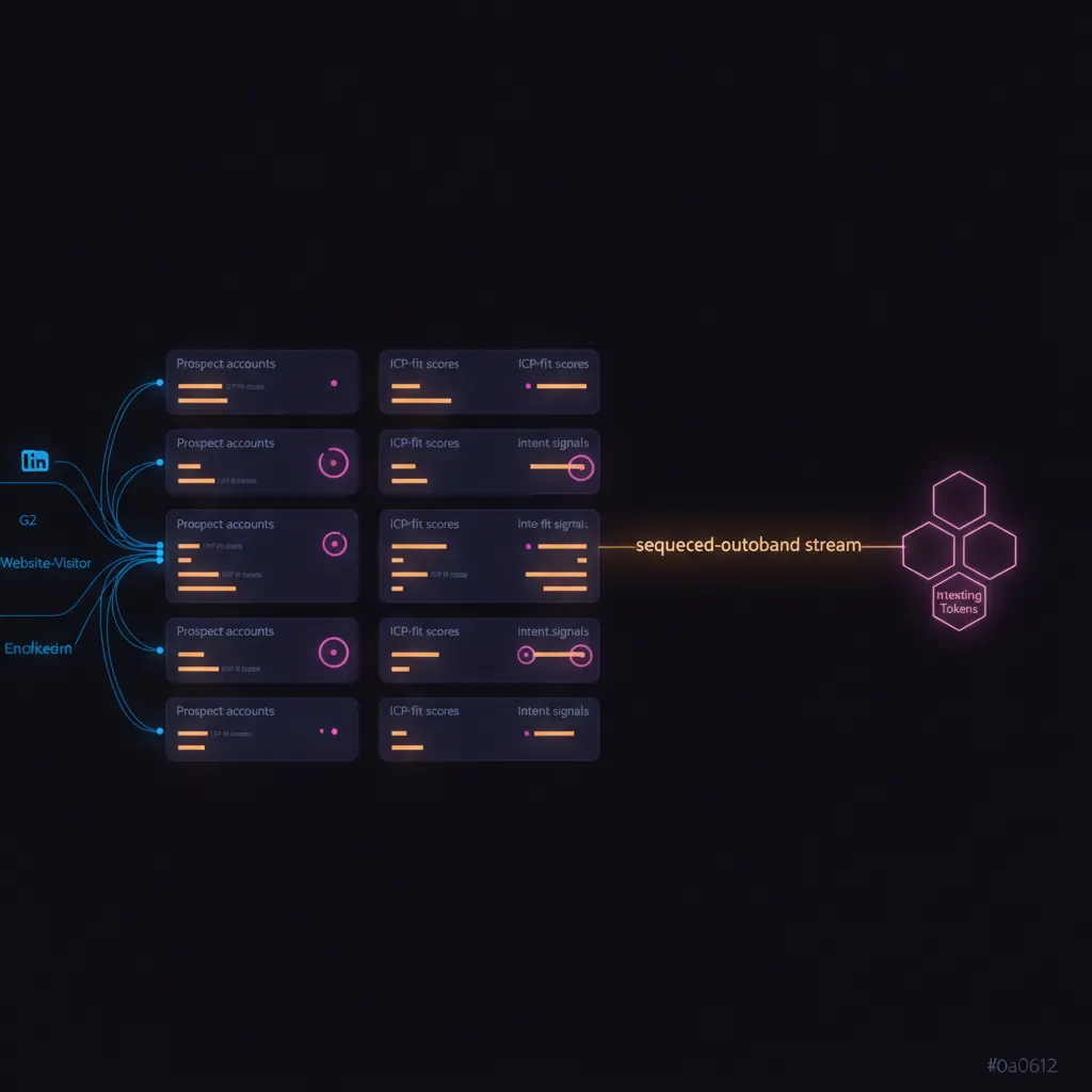Translucent indigo prospect-account lanes on a dark backdrop carrying amber ICP-fit score bars and pink intent-signal halos, blue enrichment threads weaving in from LinkedIn, G2, and website-visitor panels, converging into an amber sequenced-outbound stream that resolves into three glowing pink hexagonal meeting tokens