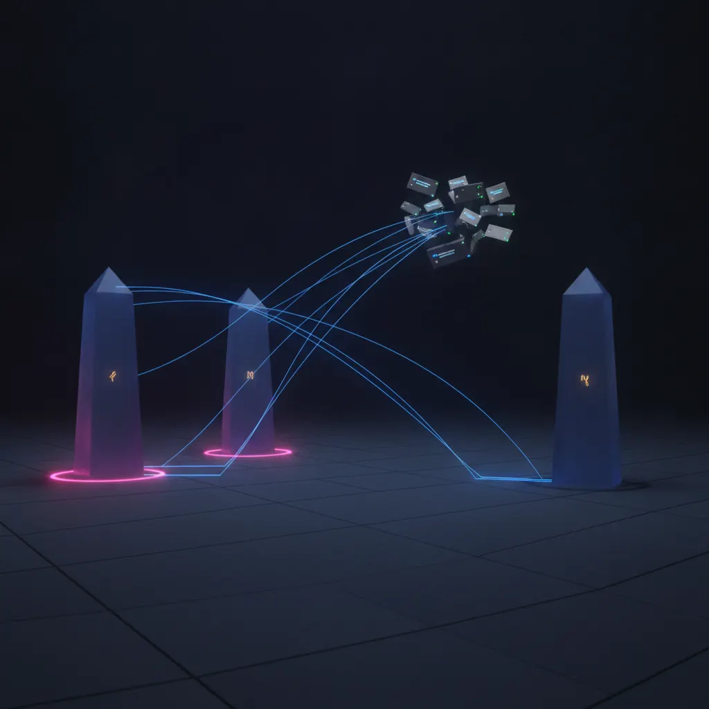Four indigo obelisks in deep space with two lit pink and two dim, blue signal threads drifting in from floating review-site and call-recorder panels and tapering unresolved before reaching the obelisks