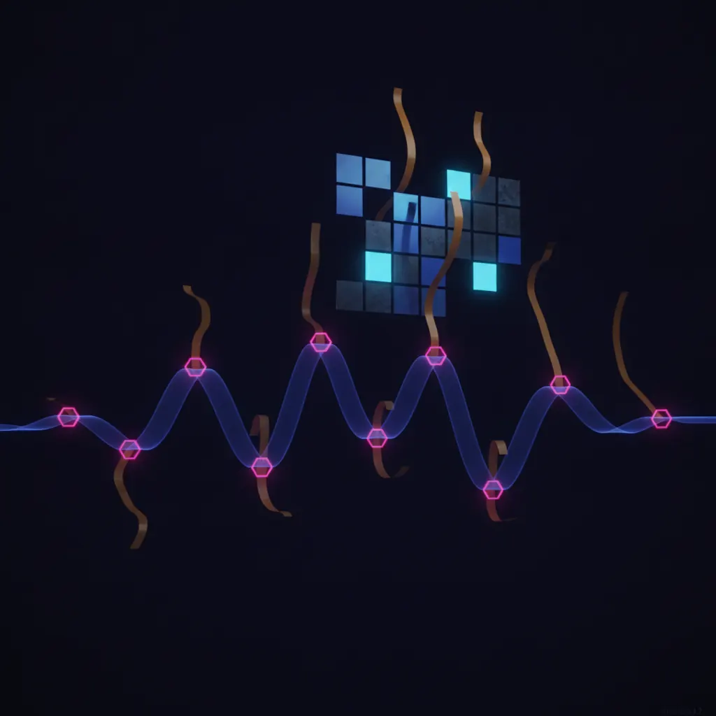 Indigo sales-call waveform with pink hexagonal markers, amber tag ribbons rising into a blue battlecard grid where some tiles glow bright and others sit faded