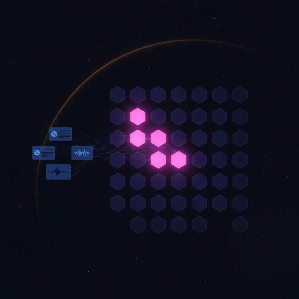 Forty-seven translucent indigo badge tokens receding into deep space with only six lit bright pink and the rest dimmed, blue signal threads drifting in from call recorder and CRM panels and tapering unresolved before reaching the dim badges