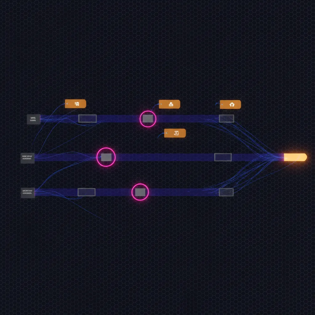 Indigo opportunity lanes flowing left to right with amber tag ribbons floating above marking industry and use case metadata, pink reference-token halos snapping onto three lanes with bright glow, and blue threads weaving in from NPS survey cards and QBR panels