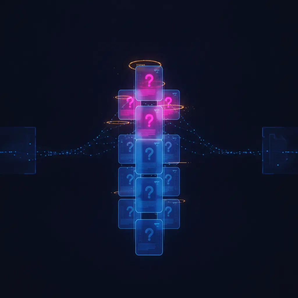 Thirty-four translucent indigo questionnaire tokens stacked in a receding queue with six near the top glowing bright pink under amber deadline halos slipping past them, blue data threads drifting in from unseen document repository panels and tapering unresolved