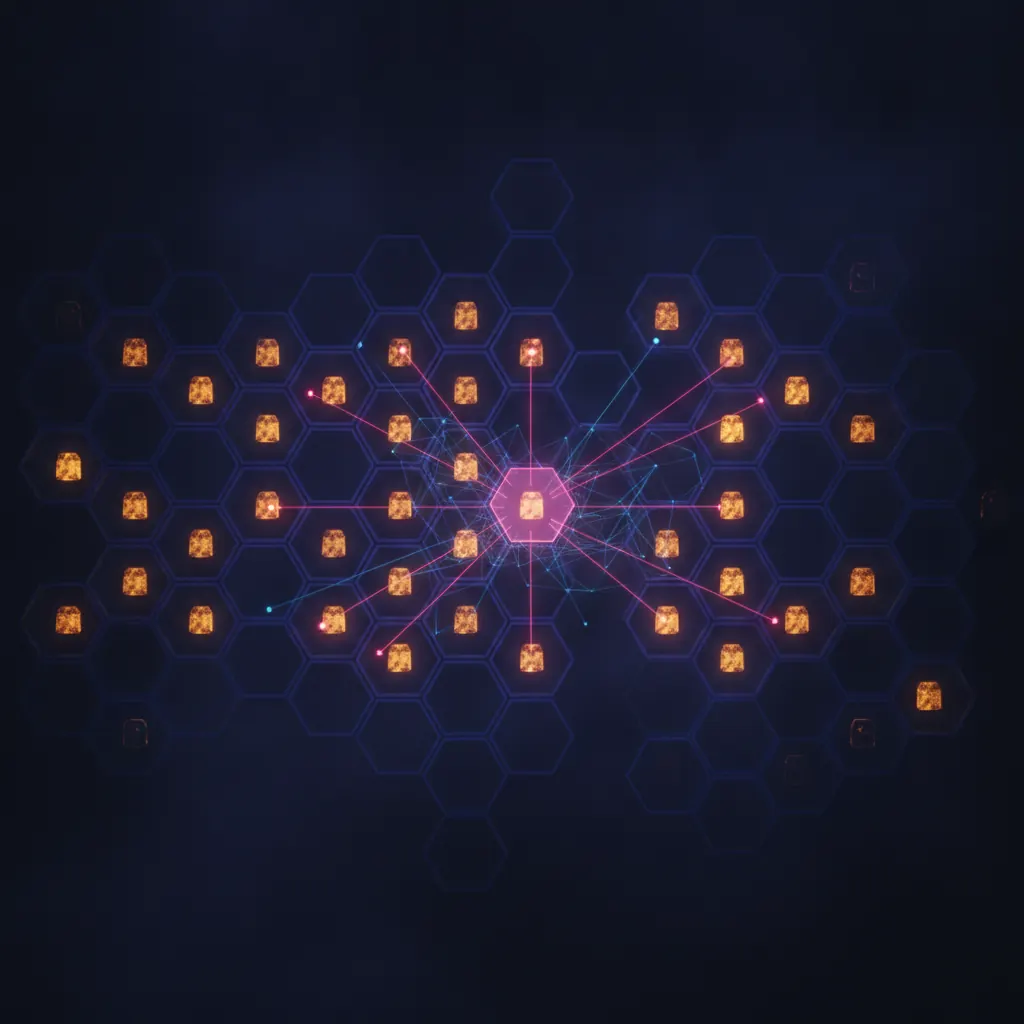 An indigo evidence vault visualized as a wall of hexagonal cells each holding a glowing amber policy artifact, pink retrieval beams shooting from a central hexagonal agent node to matched cells with blue confidence threads weaving between them
