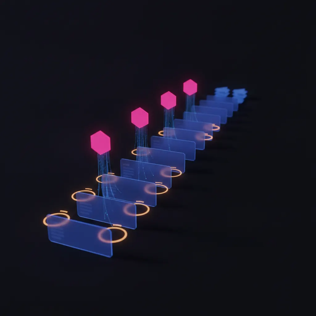 Translucent indigo helpdesk queue receding into deep space with four pink hexagonal agent nodes triaging tickets above, amber SLA countdown halos glowing around six escalated cards and blue data threads flowing into stacked knowledge base panels at the horizon