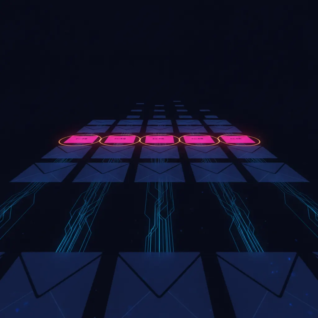 Translucent indigo drafts of monthly investor letters receding into deep space in a monthly cadence grid, six pink letters near the top glowing under stale amber late-send timestamp halos, blue data threads drifting from unseen source system panels below tapering unresolved before reaching the letters