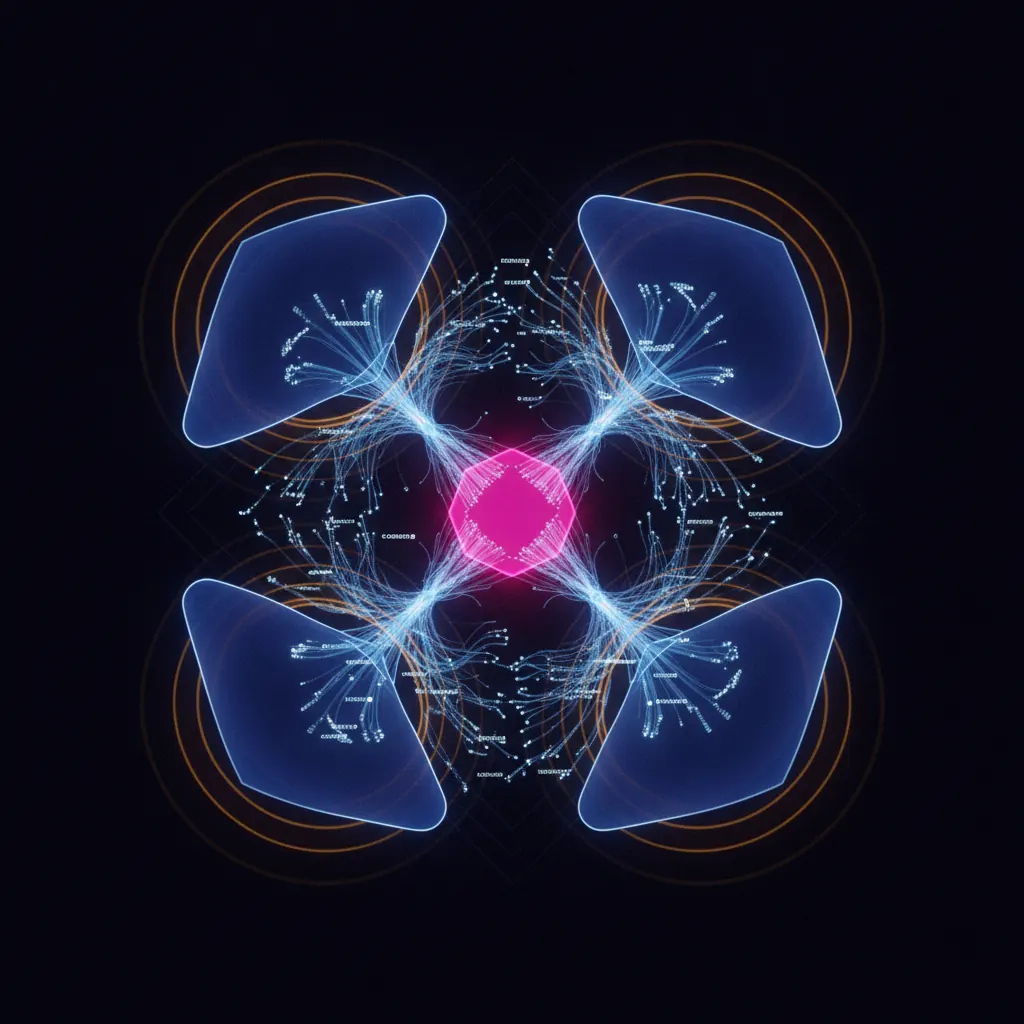 An indigo constellation of source system panels arranged around a central pink hexagonal reconciliation agent node, amber refresh halos pulsing on each source, blue data threads converging toward the center carrying citation timestamp markers