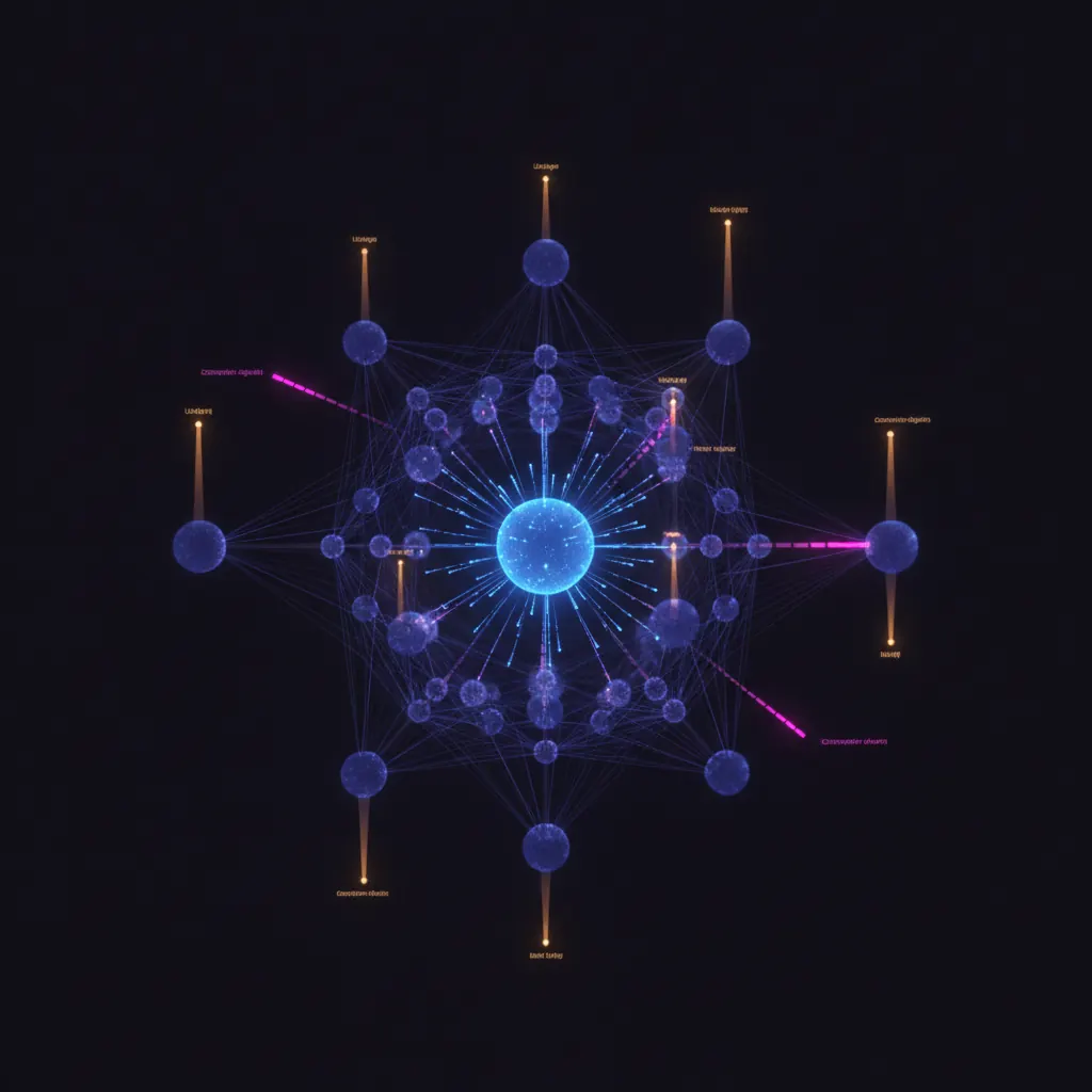 Live account lattice with indigo account nodes, amber usage-signal beams pulsing upward from active accounts, pink competitor-mention alerts routing to lit AM nodes, blue talk-track engine drafting briefs from the center