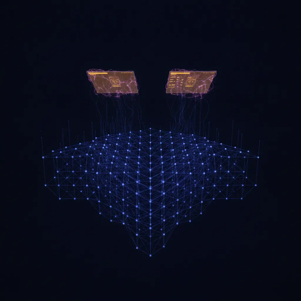 Vast translucent indigo lattice of 340 floating event nodes suspended in dark space, two dim amber dashboard rectangles hovering unopened above the lattice, thin blue data threads rising from the nodes and dissipating before they reach the dashboards