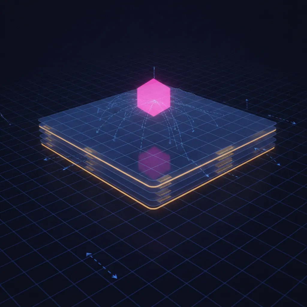 Vast translucent indigo spreadsheet grid receding into deep space, 34 stacked semi-transparent tab layers glowing amber along their bottom edges, thin blue data threads pooling into a single pink hexagonal forecast node hovering above