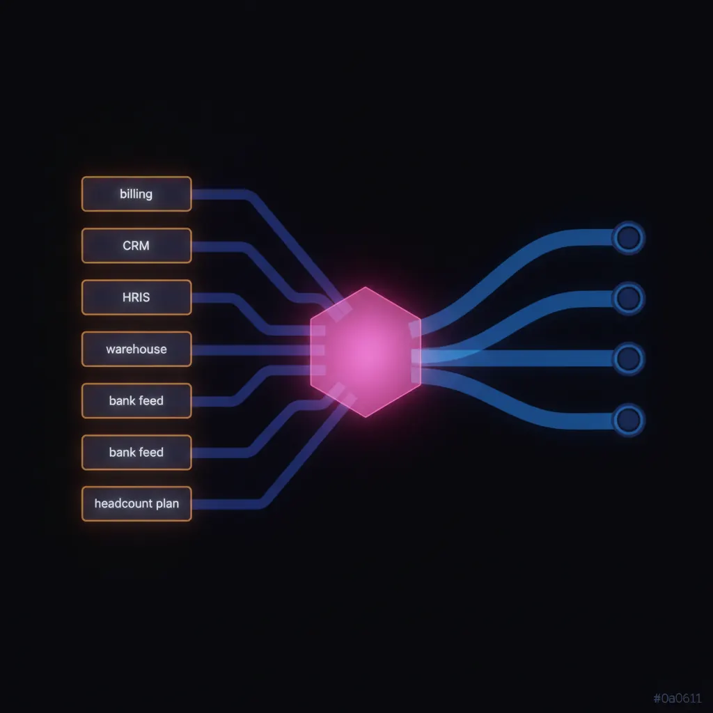 Central pink hexagonal agent core with translucent indigo data pipes converging from six labeled source panels on the left, flowing through the core, and emerging as blue forecast ribbons fanning out to three lit destination nodes on the right